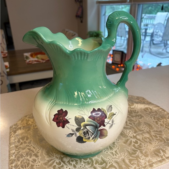 Other - Vintage Mayfayre Staffordshine Green and Cream Floral Ceramic Pitcher